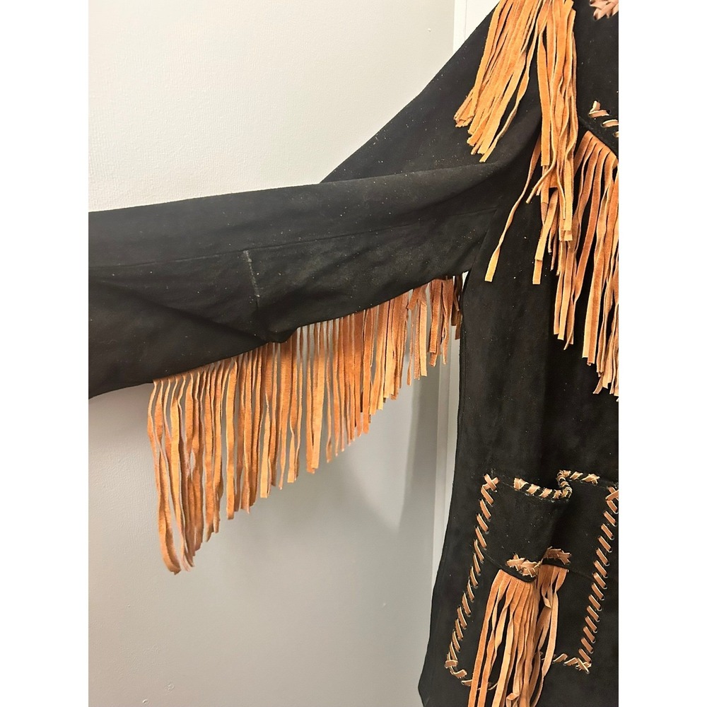 Real Leather Western Jacket Mens Suede Fringe Beaded Native American Style - Picture 2 of 7